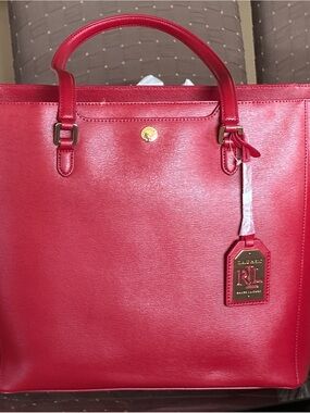 Ralph Lauren Red Leather Tote with RLL Hang Tag